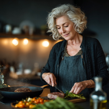 Femeie în vârstă zâmbind și pregătind o salată colorată în bucătărie